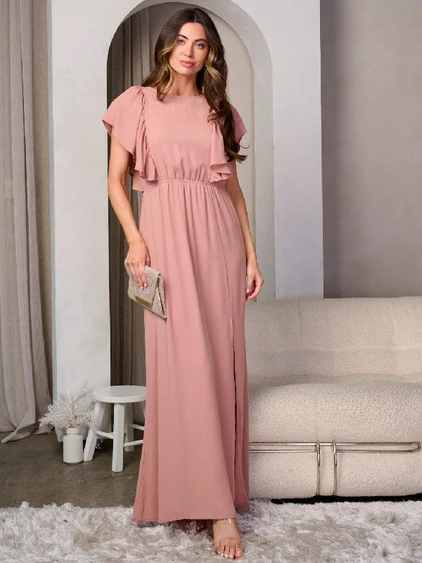 Modern Women's Outfit WOMEN'S SHORT RUFFLE SLEEVE SIDE SLIT MAXI DRESS