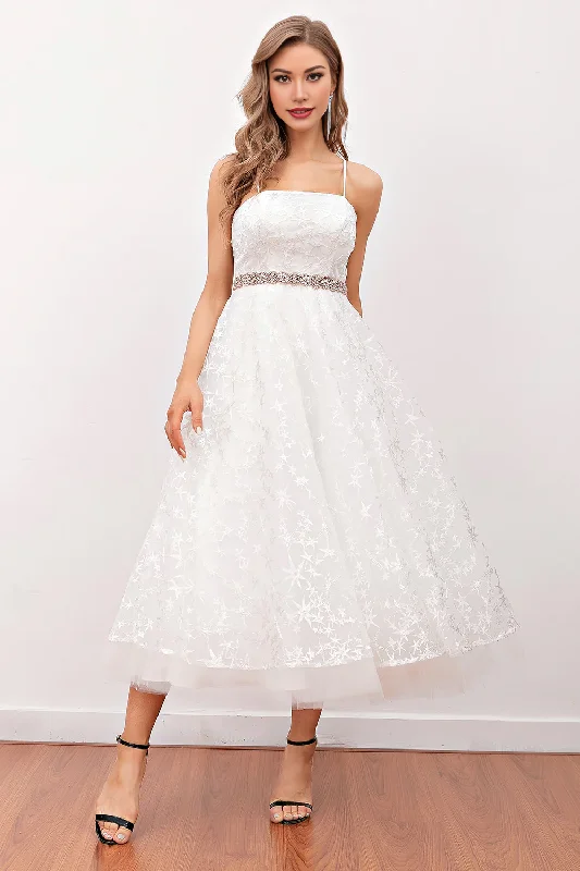 Affordable Fashion Clothing For Women Cute A-Line White Lace Tulle Tea-length Dress Midi Prom Dress Wedding Dress