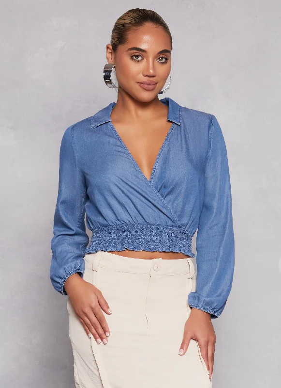 Charming Everyday Clothing For Women Chambray Faux Wrap Crop Top