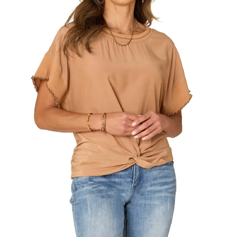 Timeless Women's Clothes Extended Short Sleeve Round Neck Woven Top In Brown