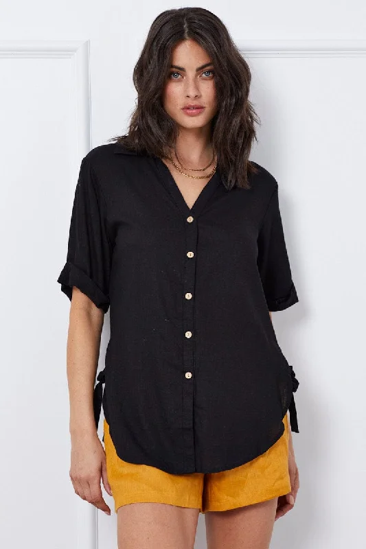 Women's Clothing For Special Occasions Black Relaxed Top Short Sleeve Linen