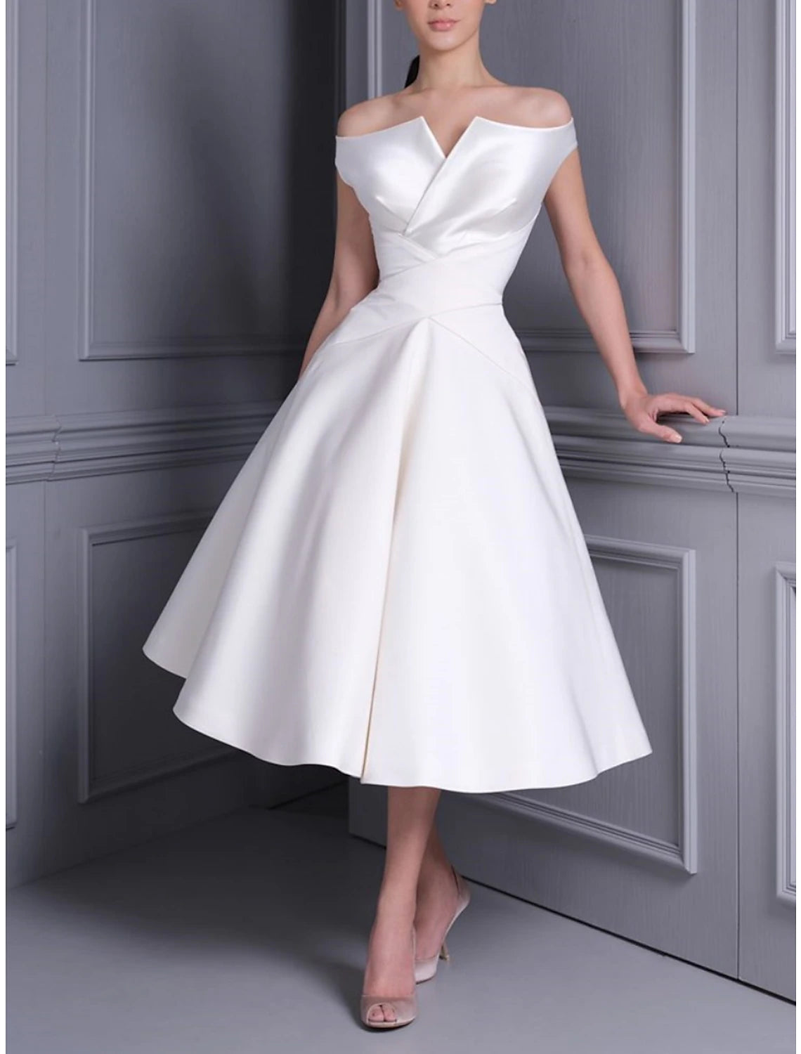 Women's Casual Wear Outfit Little White Dresses Wedding Dresses A-Line Off Shoulder Cap Sleeve Tea Length Satin Bridal Gowns With Pleats Solid Color