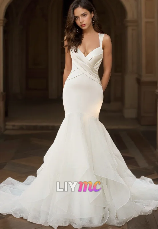 Women's Office Outfit V-Neck Straps Sleek Mermaid Sweep Train Wedding Dress