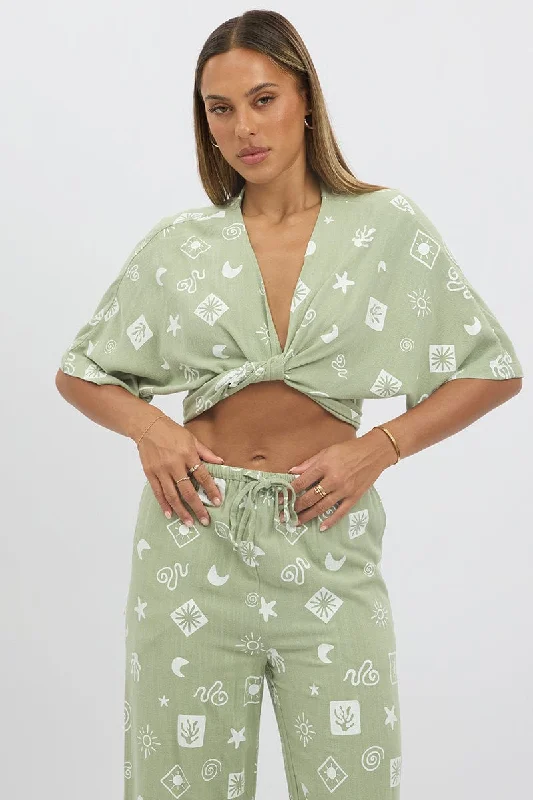 Women's Sports Apparel Green Abstract Tie Up Bolero Short Sleeve