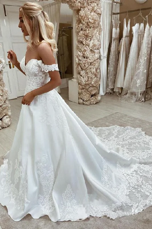 Women's High-Fashion Apparel Off The Shoulder A Line Satin Wedding Dresses With Appliques Sweep Train