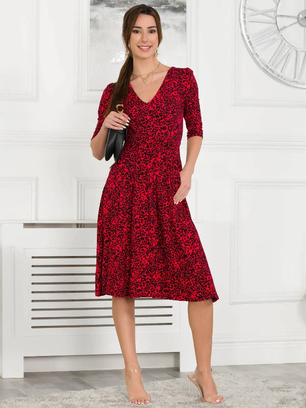 Women's Holiday Apparel Jolie Moi Delylah V Neck Midi Dress, Red Animal