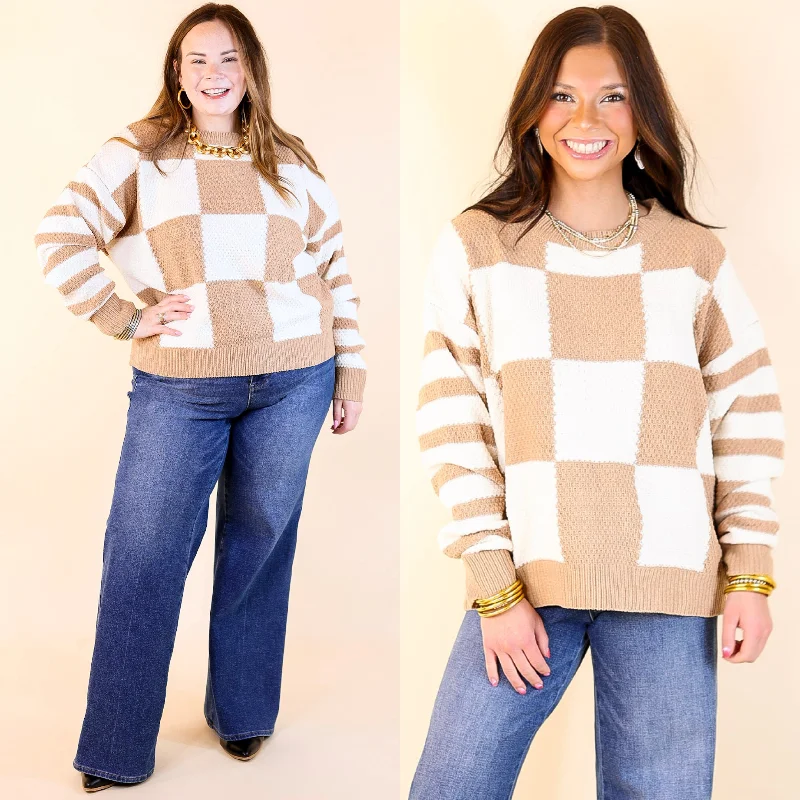 Women's Cozy Winter Attire Split Decision Dual Patterned Long Sleeve Sweater in Mocha Brown