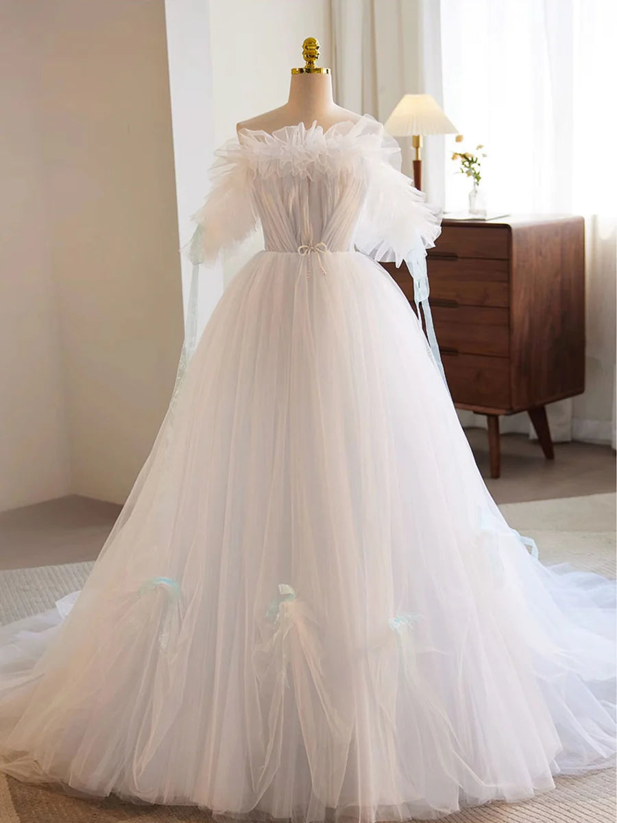 Women's Evening Wear Attire Formal Dress Unique Long Dress A-Line Tulle Bow knot Atmosphere Wedding Dress