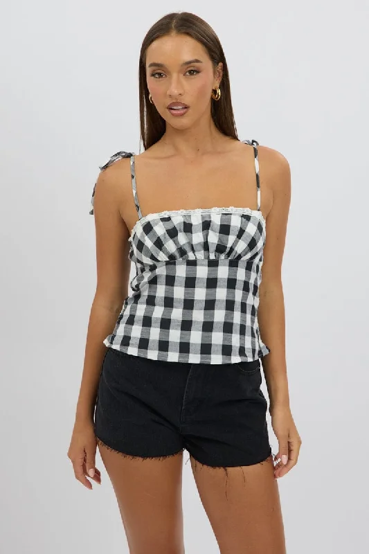 Women's Clothes For Work Events Black Check Cami Top Rosette