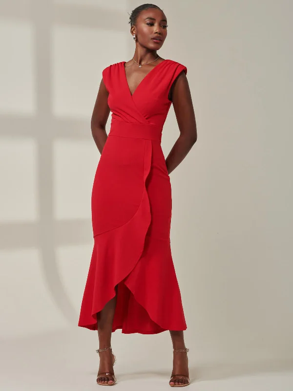 Women's Chic Outfit Tara Sleeveless Draped Maxi Dress, Red