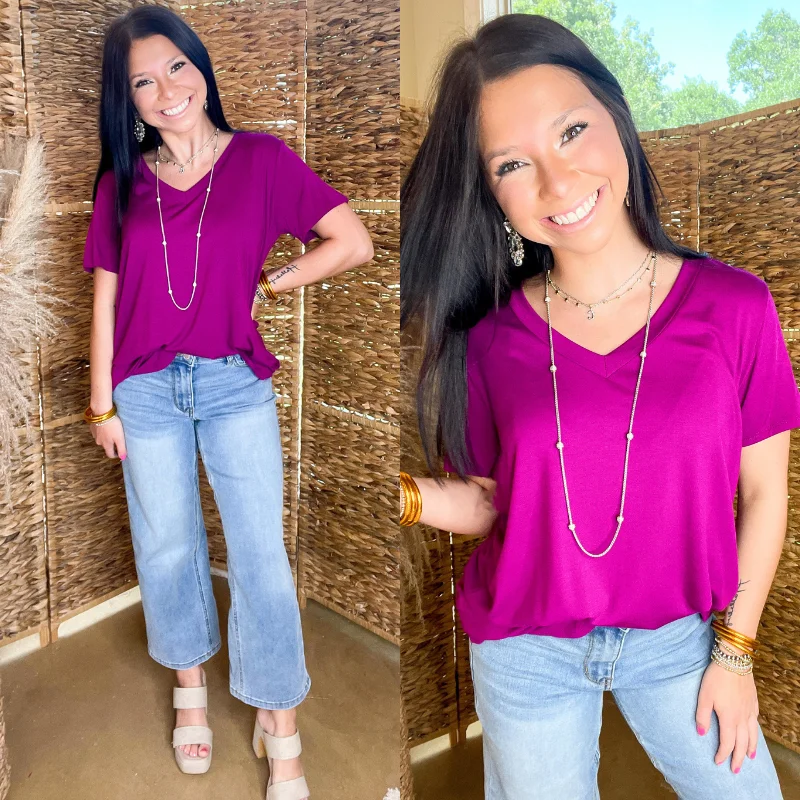 Women's Chic Outerwear Garments Last Chance Size Small & Medium | It's That Simple Solid V Neck Tee in Magenta Purple