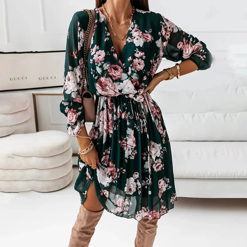 Women's Casual Wear Clothes Chiffon Floral Casual Deep V Neck Green Pleated Office Femme Midi Dresses