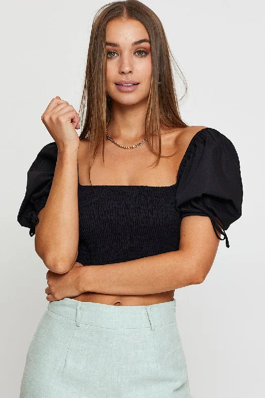 Casual Chic Women's Clothes Black Puff Sleeve Top Short Sleeve Crop