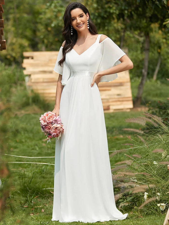 Classic Women's Apparel Double V Neck Cold Shoulder Flowy Chiffon Outdoor Wedding Dress