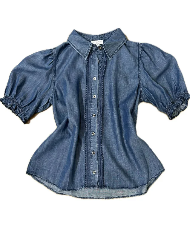 Women's Fashionable Attire For Work Women's Ruffled Sleeve Blouse In Navy Blue