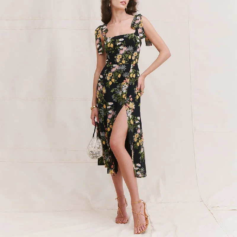 Women's Clothing Apparel Sets FashionSierra - Sexy Midi Dress Elegant Vintage Floral Print Chiffon Summer Boho Beach Dress