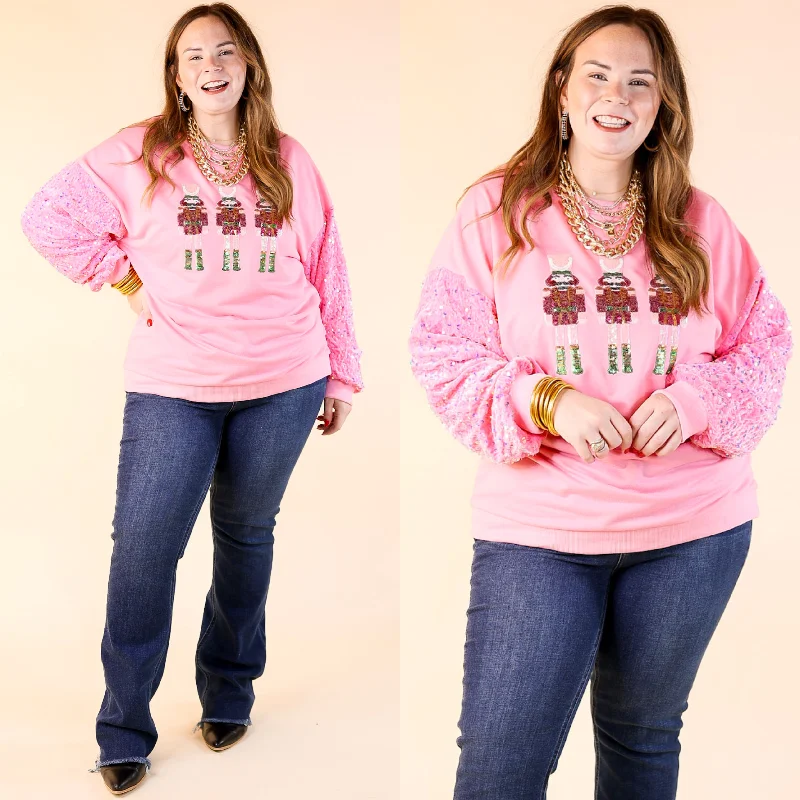 Women's Clothing Sets Sequin Nutcracker Crewneck Sweatshirt with Velvet Sleeves in Light Pink