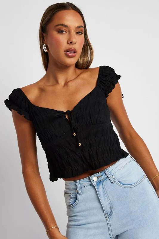 Charming Everyday Clothing For Women Black Puff Sleeve Top Short Sleeve