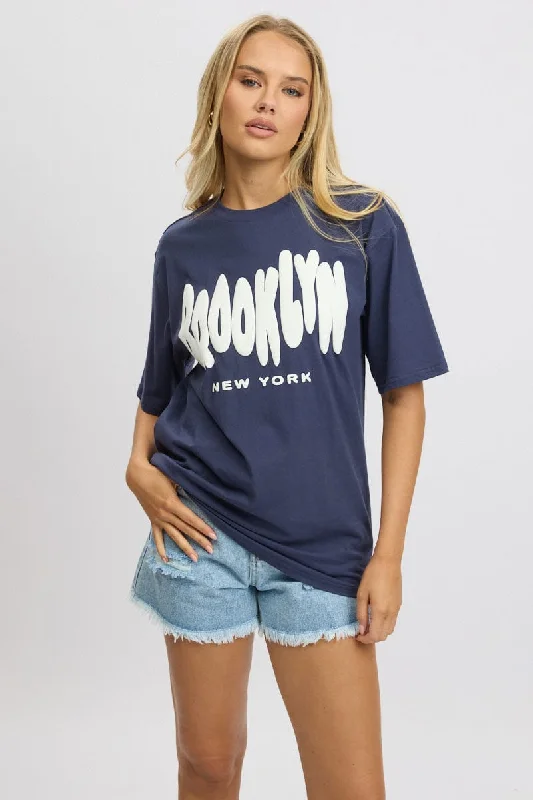 Vintage-Inspired Women's Clothes Blue Graphic Tee Short Sleeve