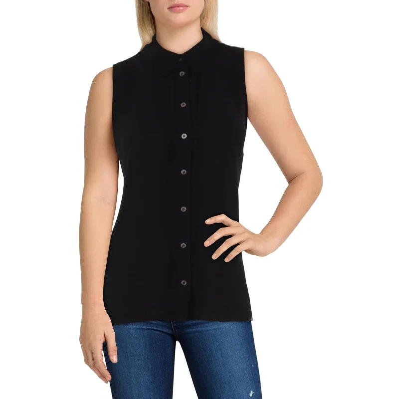 Women's Clothes Womens Sleeveless Mock Neck Button-Down Top