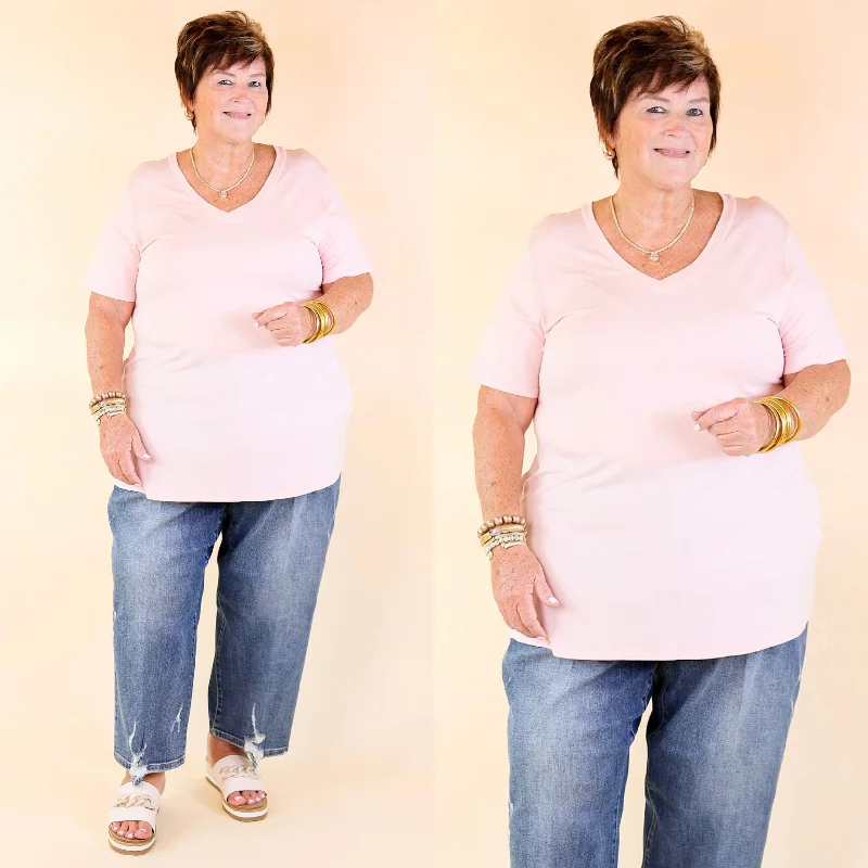 Women's Evening Garments It's That Simple Solid V Neck Tee in Pastel Pink