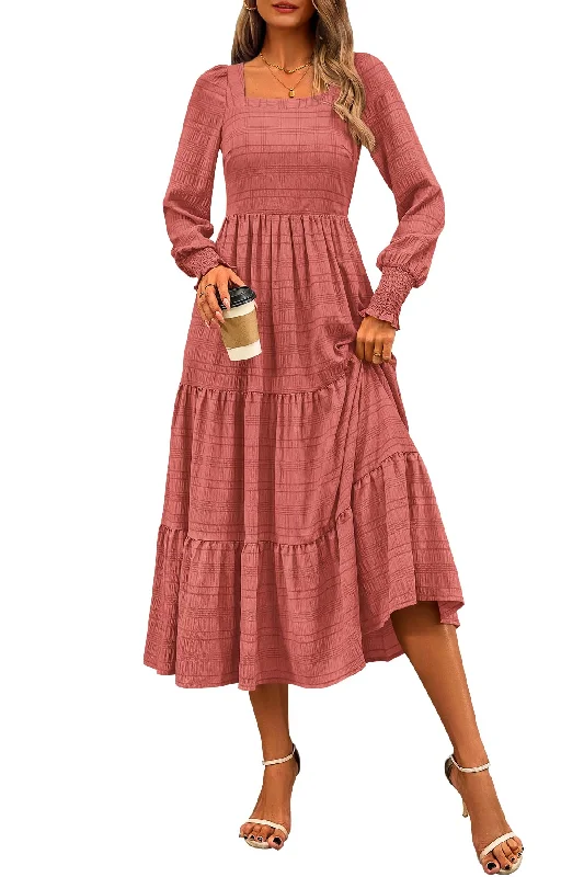 Women's Wardrobe Apparel CFLONGE Women's Fall Dresses 2024 Puff Long Sleeve Square Neck Dress High Waist Smocked A-Line Flowy Wedding Party Maxi Dress(Bean Paste Pink,Small)