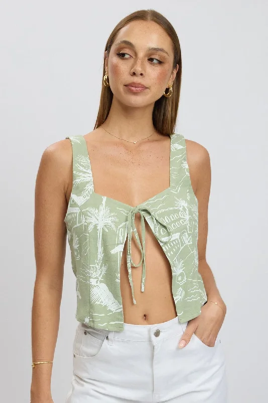 Women's Elegant Garments Green Abstract Tie Front Top Sleeveless