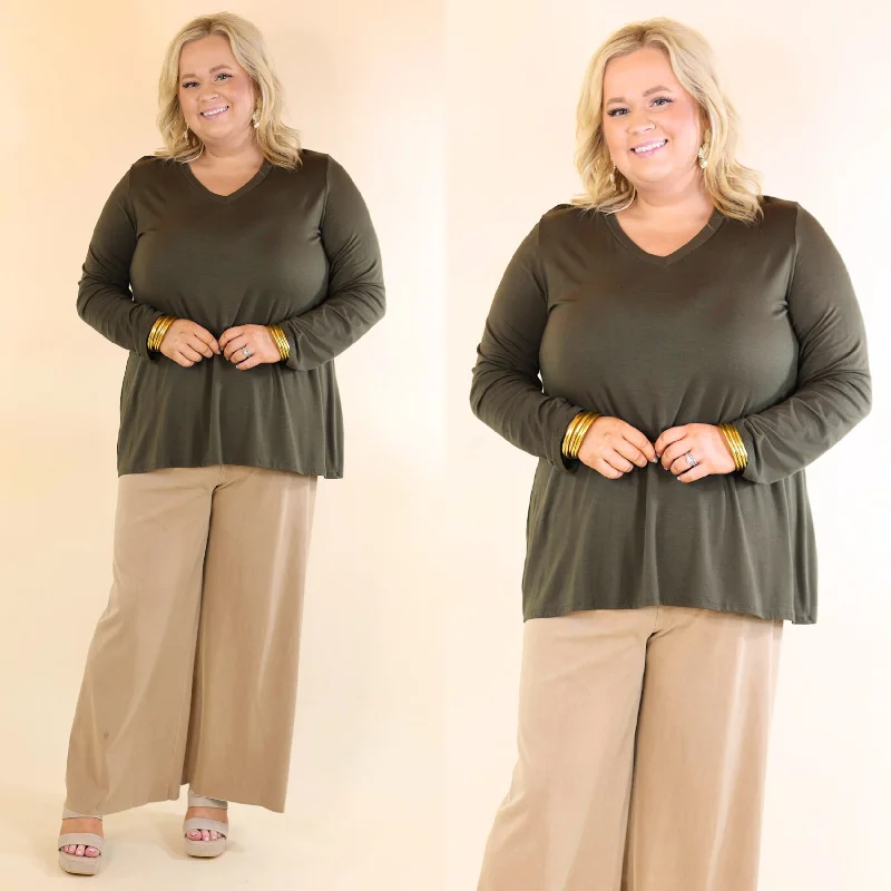 Stylish Women's Garments Plus Size | It's That Simple Solid V Neck Long Sleeve Tee in Olive Green