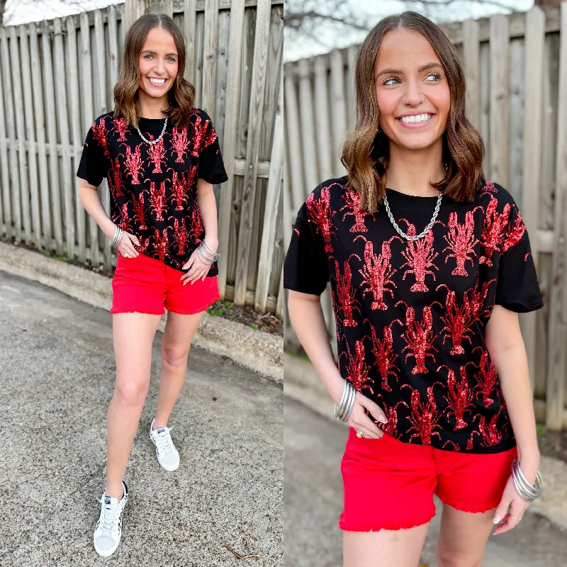 Women's Professional Clothes Queen Of Sparkles | Bayou Beauty Fully Sequin Crawfish Short Sleeve Tee in Black