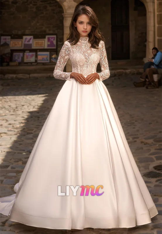 Women's Seasonal Garments High Neck Long Sleeves Lace Appliques Pleated Satin A-Line Wedding Dress