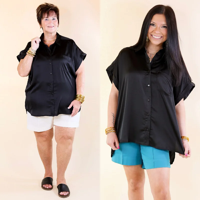 Women's Plus-Size Garments Free To Be Fab Button Up Short Sleeve Top in Black