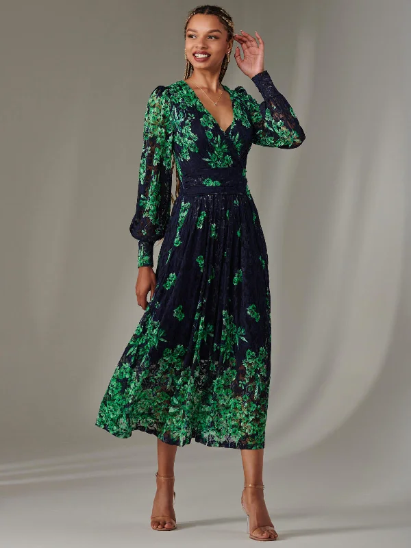 Women's Vacation Attire Dalia Symmetrical Print Lace Maxi Dress, Green Floral