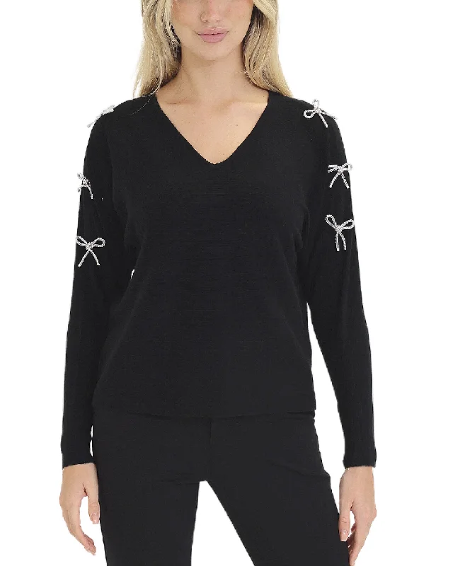 Women's Stylish Casual Garments Sweater w/ Rhinestone Bow Detail