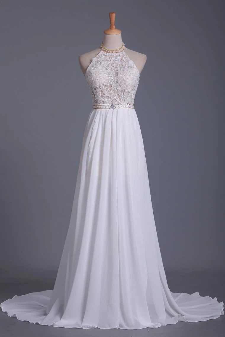 Stylish Clothes For Women Halter Backless Chiffon Long Wedding Gown With Ruffles Pearl Lace