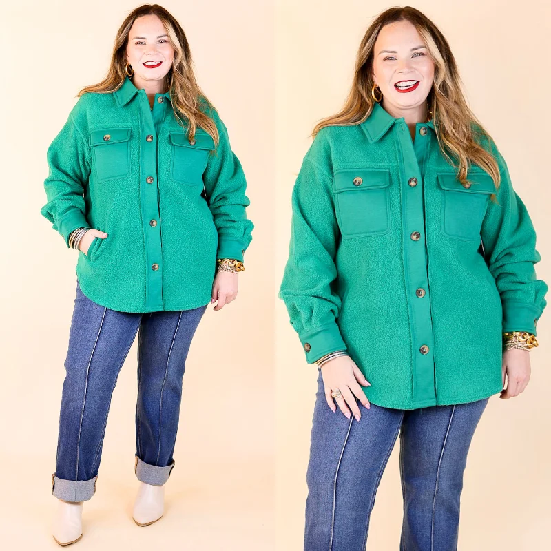 Women's Evening Garments Hollywood Hike Button Up Fleece Jacket with Pockets in Green