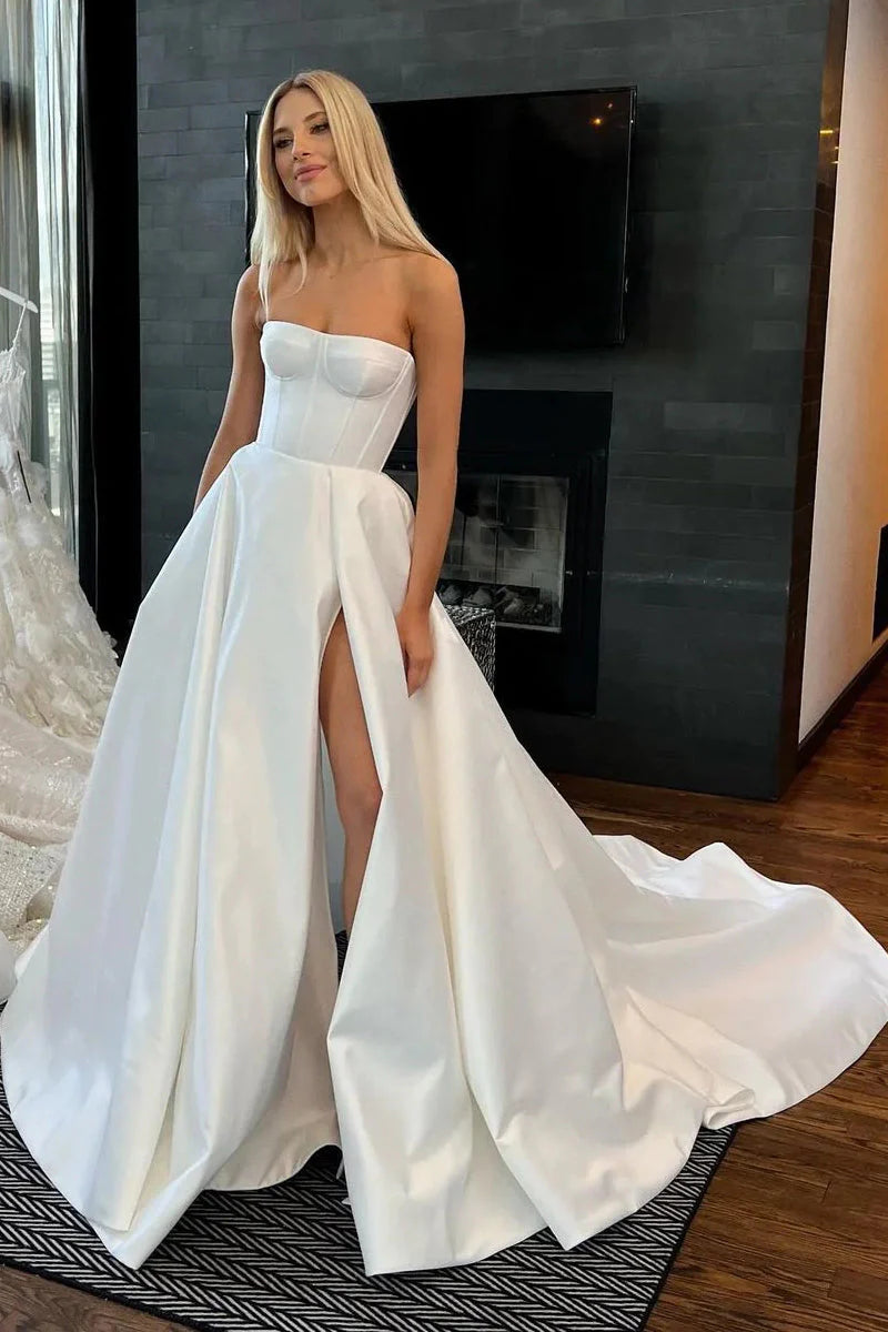 Tailored Clothing For Women Wedding Dresses Strapless Satin with Slit