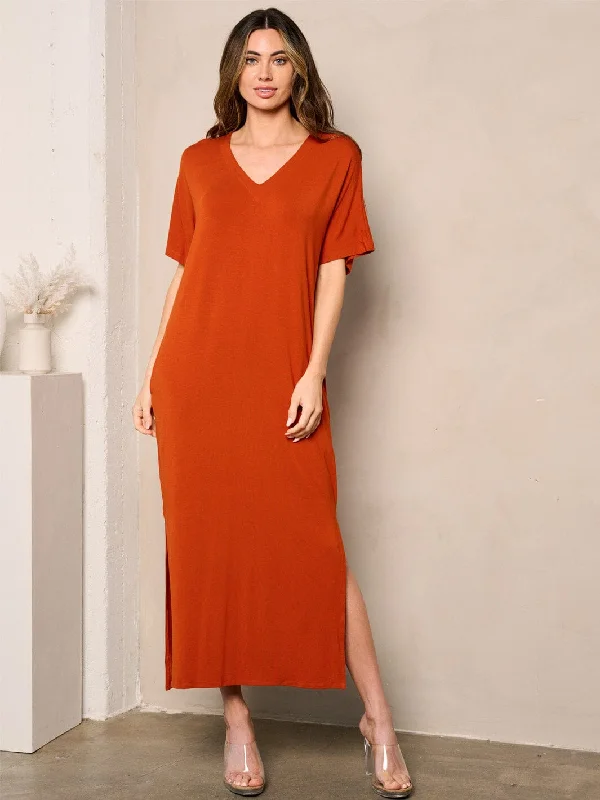 Women's Relaxed Clothes WOMEN'S SHORT SLEEVE SIDE SLIT POCKETS TUNIC MAXI DRESS