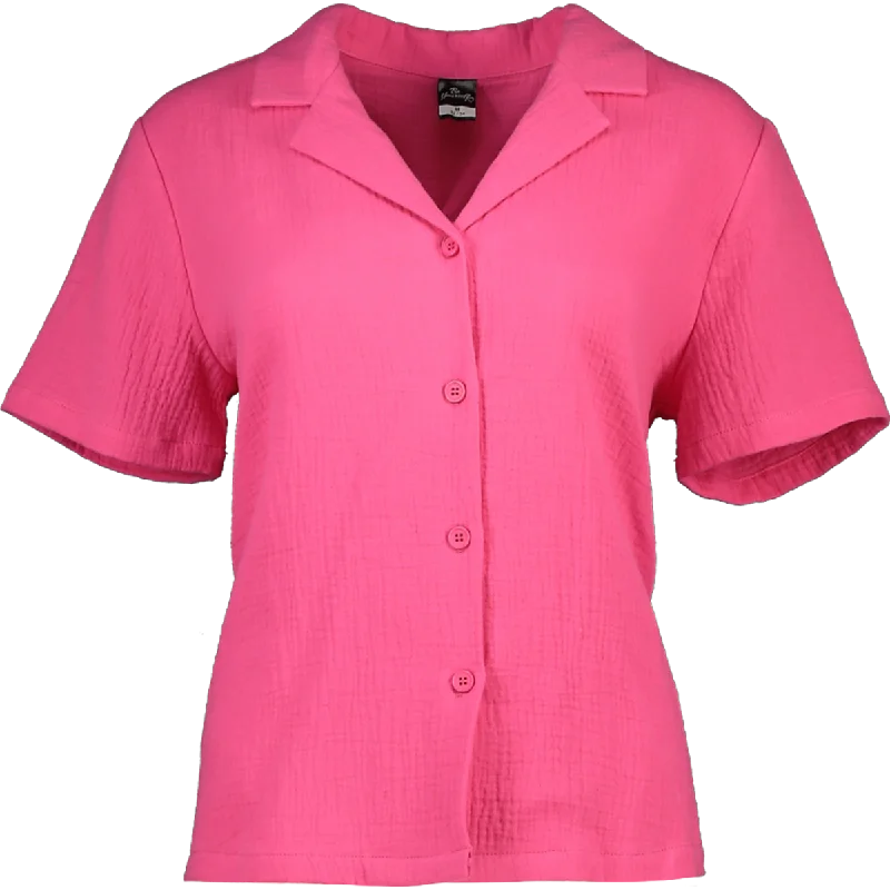 Women's Transitional Garments Plain Pink Button Short Sleeve Shirt