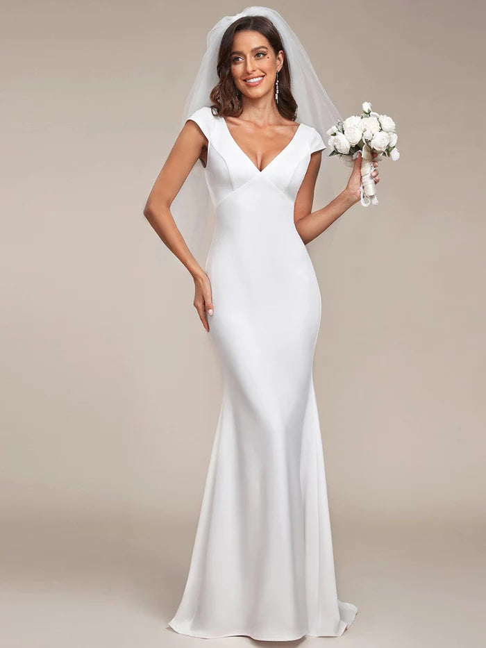 Women's Office Attire Cap Sleeve Deep V-Neck Backless Fishtail Wedding Dress