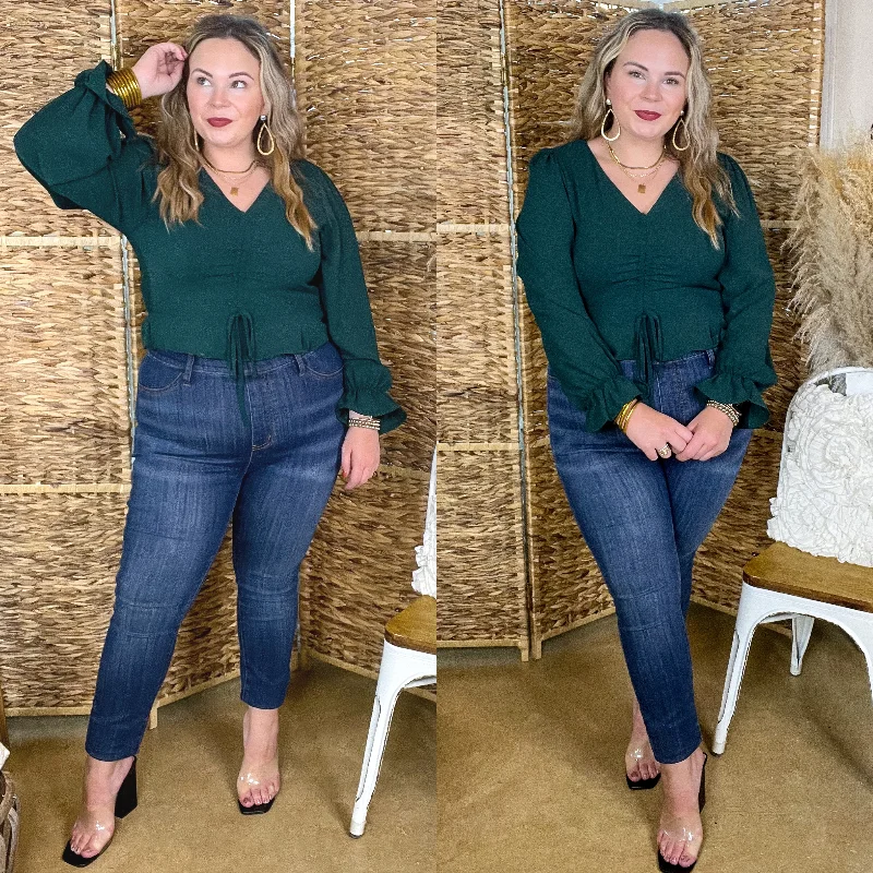 Women's Outfit For The Office Authentic Aura Ruched Front Peplum Crop Top with Long Sleeves in Forest Green