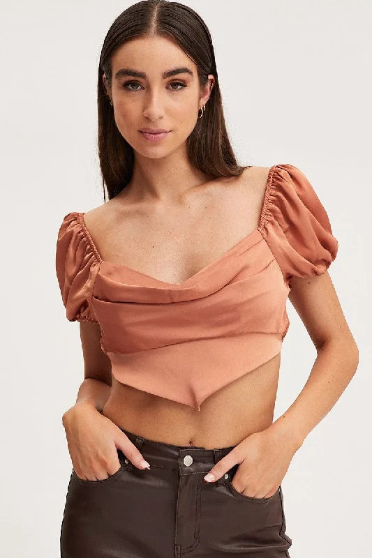 Luxury Women's Clothes Brown Scarf Top Short Sleeve Crop