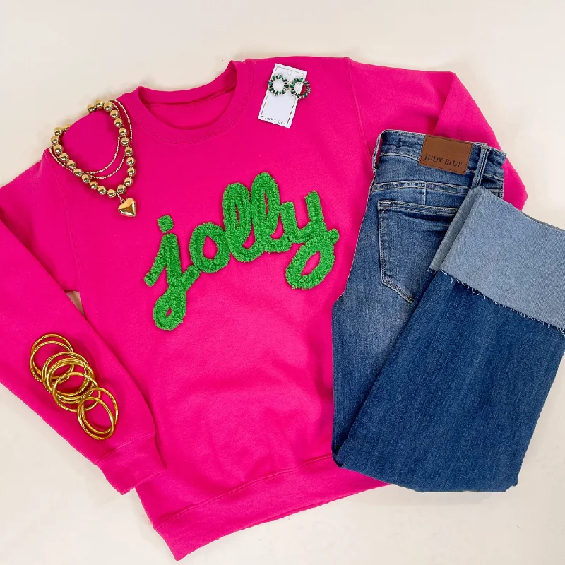 Chic Clothes For Women Jolly Hand Stitched in Green Christmas Graphic Sweatshirt in Pink