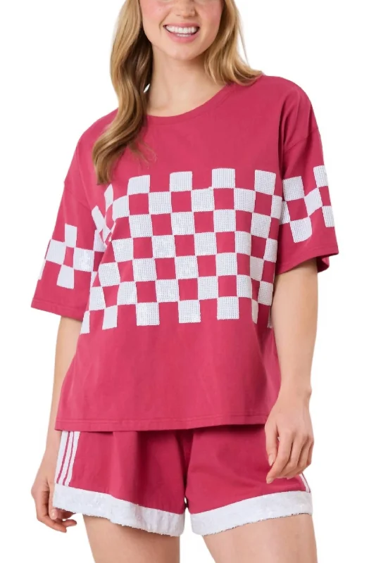 Women's Seasonal Garments Sequins Checker Short Sleeve Top In Crimson