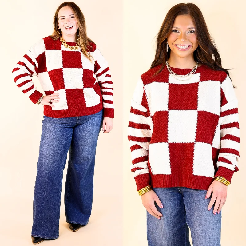 Modern Women's Attire Split Decision Dual Patterned Long Sleeve Sweater in Maroon