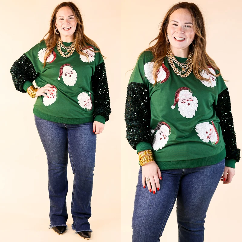 Women's Evening Clothes Sequin Santa Crewneck Sweatshirt with Velvet Sleeves in Dark Green