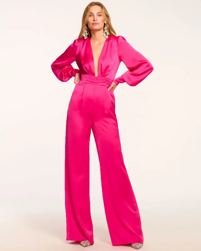 Women's Comfortable Clothes For Weekends Madelane Plunging Long Sleeve Jumpsuit