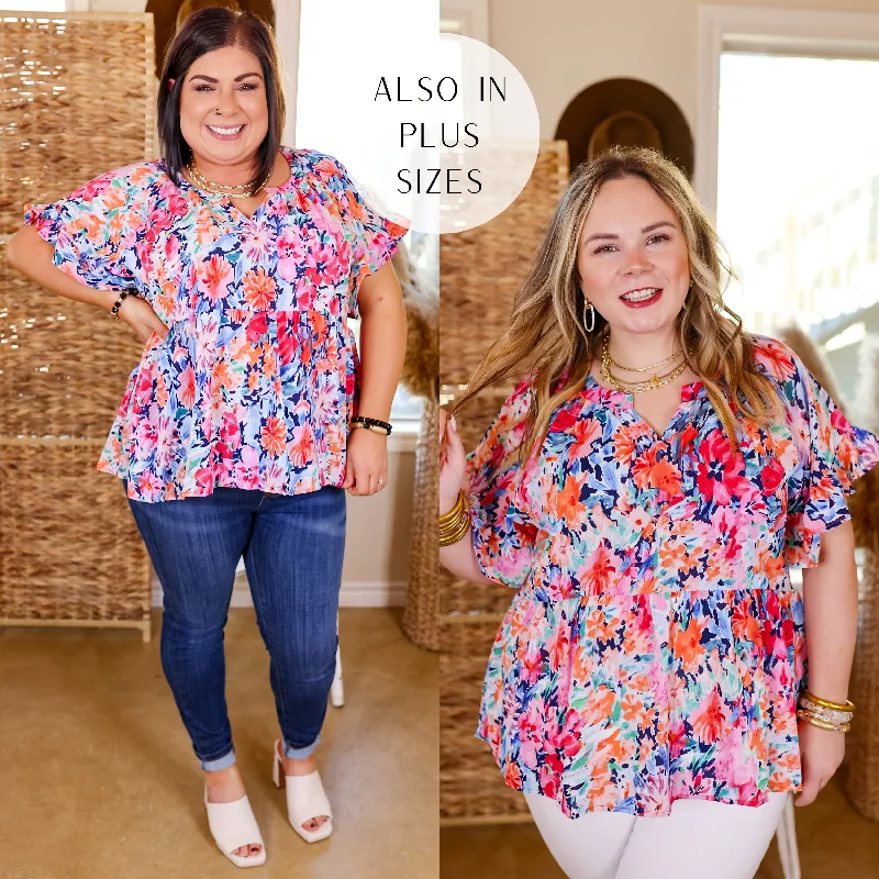 Affordable Fashion Clothing For Women Spring Fever Floral Babydoll Top with Ruffle Short Sleeves in Pink and Blue Mix