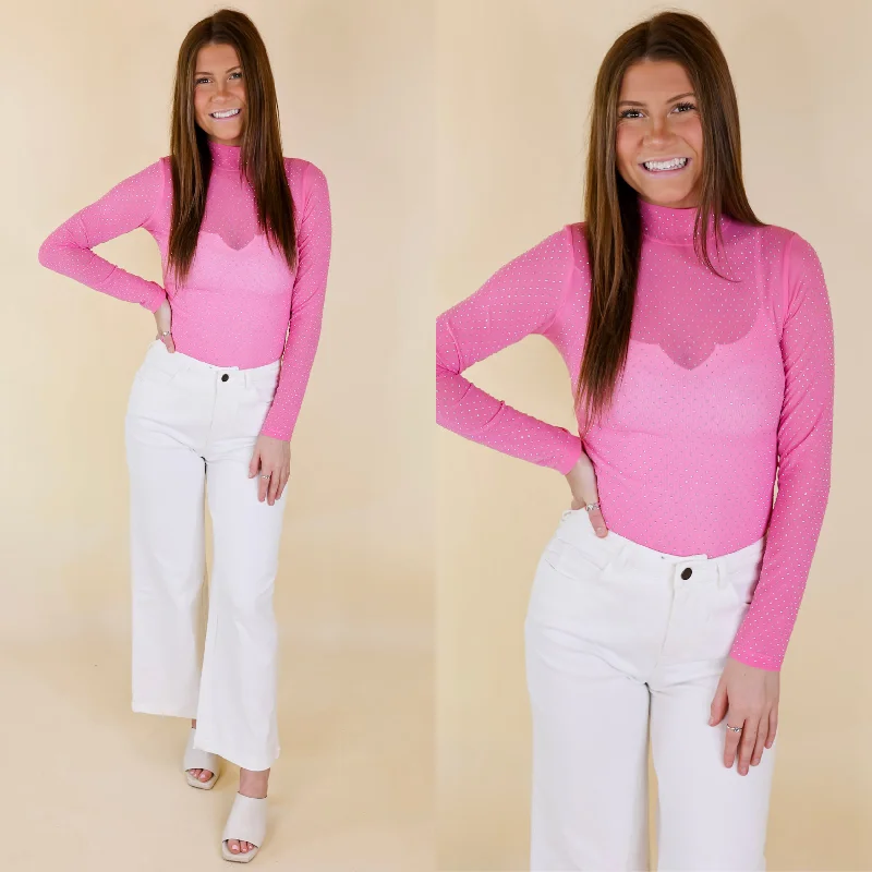 Women's Everyday Garments Try Your Luck Crystal Mesh Long Sleeve Bodysuit in Pink