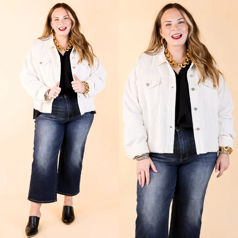 Comfortable Garments For Women Edgy and Chic Button Up Corduroy Jacket with Raw Hem in Ivory