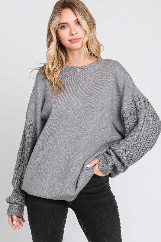 Women's Outerwear Clothing Heather Grey Cable Knit Sleeve Sweater